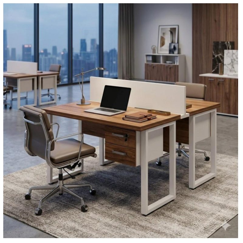 Móveis para Escritório Mesa de Escritório Dupla 40mm com Pé Metálico e Gavetas Home Office c/ ponto de tomada 1,20x1,35m - Cor Sevilha / Champanhe -34423