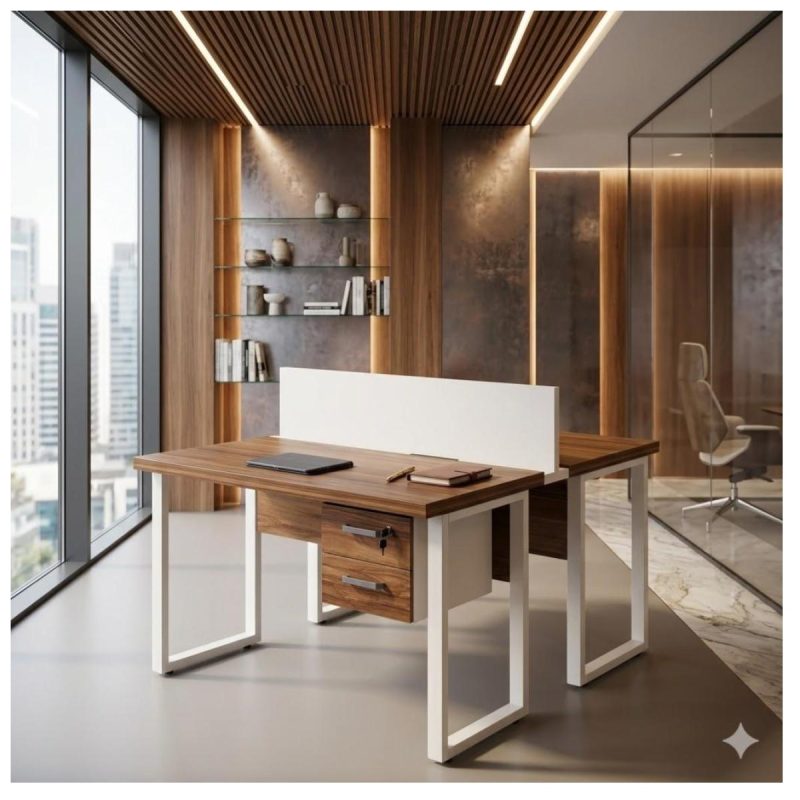 Móveis para Escritório Mesa de Escritório Dupla 40mm com Pé Metálico e Gavetas Home Office c/ ponto de tomada 1,20x1,35m - Cor Sevilha / Champanhe -34423