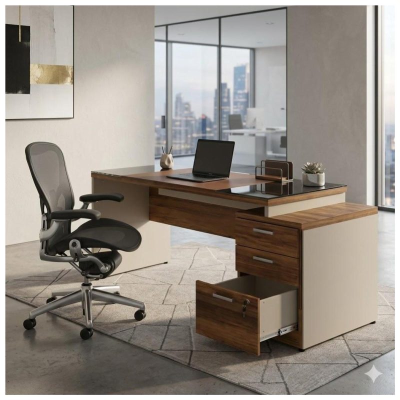 Móveis para Escritório Mesa para Escritório com Gaveteiro 3 Gavetas e Vidro Fumê – Escrivaninha Home Office - Sevilha / Champainhe - 34430