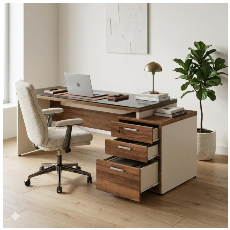 Móveis para Escritório Mesa para Escritório com Gaveteiro 3 Gavetas e Vidro Fumê – Escrivaninha Home Office - Sevilha / Champainhe - 34430