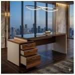 Móveis para Escritório Mesa para Escritório com Gaveteiro 3 Gavetas e Vidro Fumê – Escrivaninha Home Office - Sevilha / Champainhe - 34430