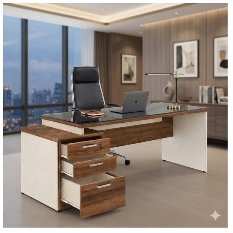 Móveis para Escritório Mesa para Escritório com Gaveteiro 3 Gavetas e Vidro Fumê – Escrivaninha Home Office - Sevilha / Champainhe - 34430