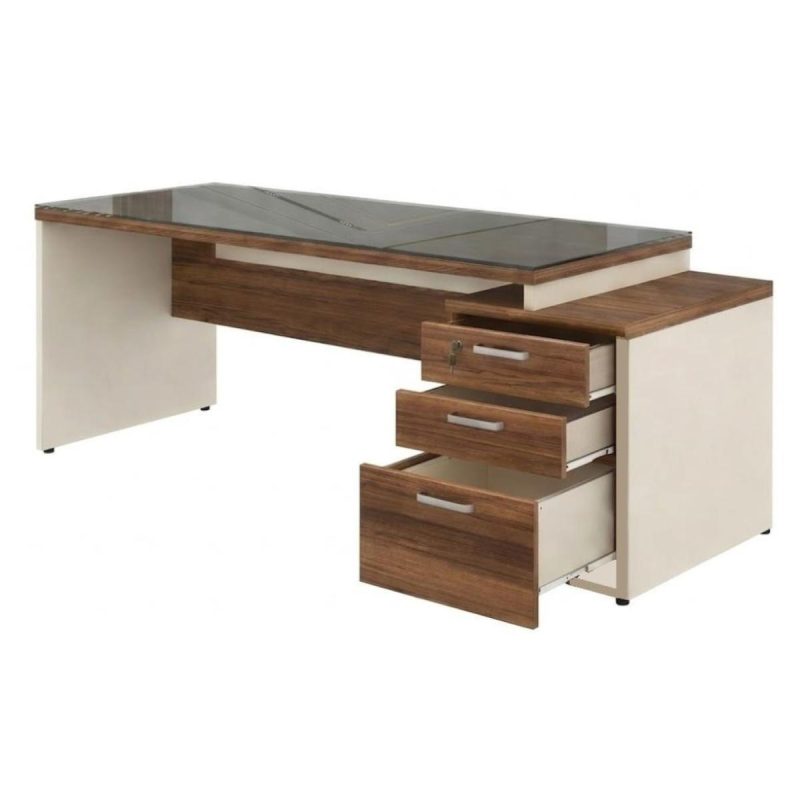 Móveis para Escritório Mesa para Escritório com Gaveteiro 3 Gavetas e Vidro Fumê – Escrivaninha Home Office - Sevilha / Champainhe - 34430