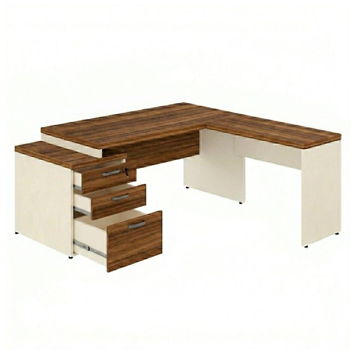 Mesa de Escritório em L Diretor 192x160cm Tampo 40mm com Gaveteiro – Nogal Sevilha / Champanhe – 34431