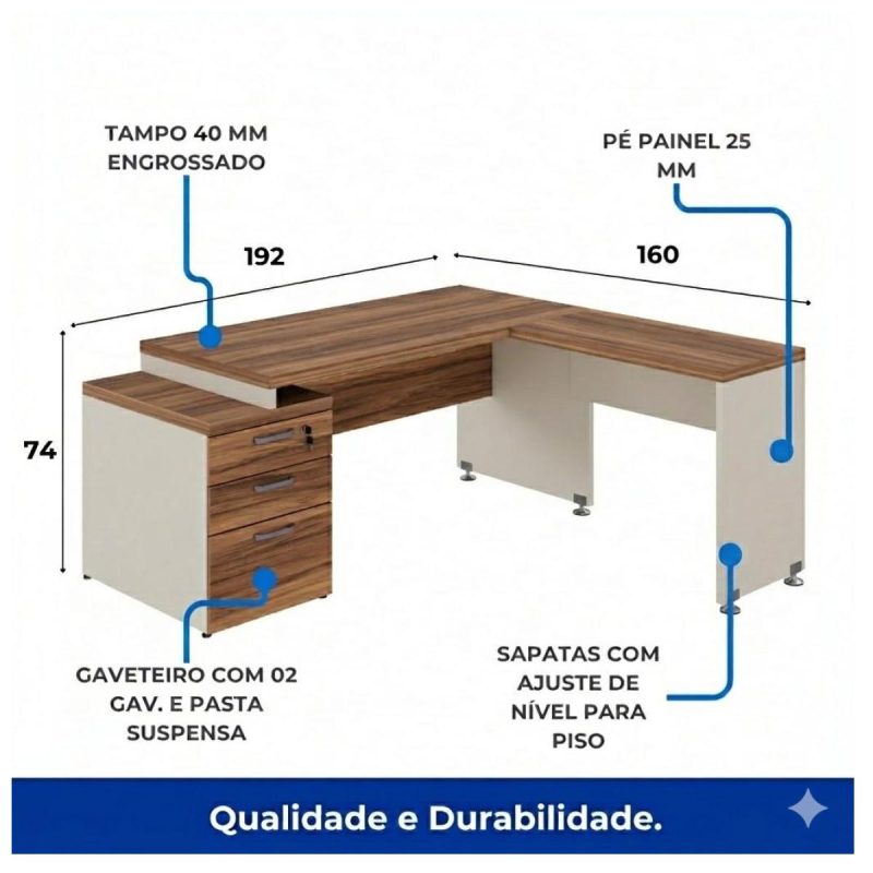 Móveis para Escritório Mesa de Escritório em L Diretor 192x160cm Tampo 40mm com Gaveteiro - Nogal Sevilha / Champanhe - 34431