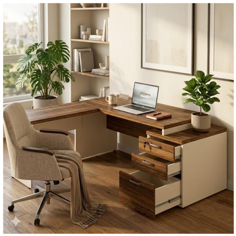 Móveis para Escritório Mesa de Escritório em L Diretor 192x160cm Tampo 40mm com Gaveteiro - Nogal Sevilha / Champanhe - 34431