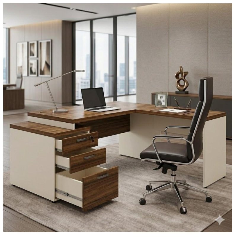 Móveis para Escritório Mesa de Escritório em L Diretor 192x160cm Tampo 40mm com Gaveteiro - Nogal Sevilha / Champanhe - 34431