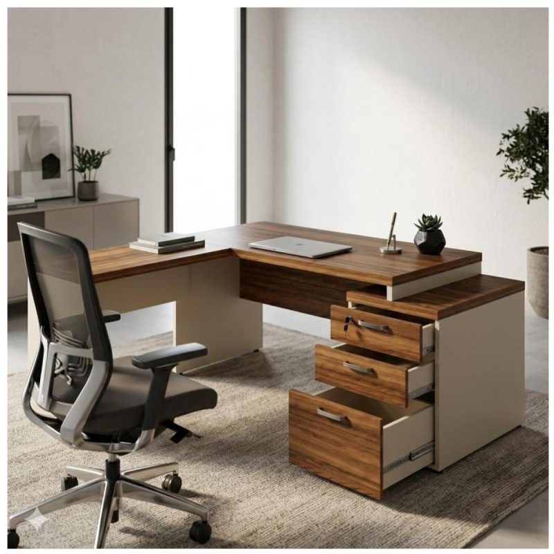 Móveis para Escritório Mesa de Escritório em L Diretor 192x160cm Tampo 40mm com Gaveteiro - Nogal Sevilha / Champanhe - 34431