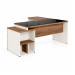 Móveis para Escritório Mesa de Escritório em L Diretor 192x160cm Tampo 40mm Vidro Fumê com Gaveteiro - Nogal Sevilha / Champanhe - 34432