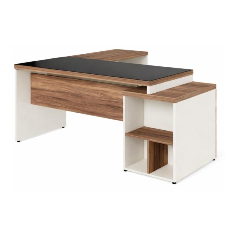 Móveis para Escritório Mesa de Escritório em L Diretor 192x160cm Tampo 40mm Vidro Fumê com Gaveteiro - Nogal Sevilha / Champanhe - 34432