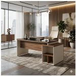 Móveis para Escritório Mesa de Escritório em L Diretor 192x160cm Tampo 40mm Vidro Fumê com Gaveteiro - Nogal Sevilha / Champanhe - 34432