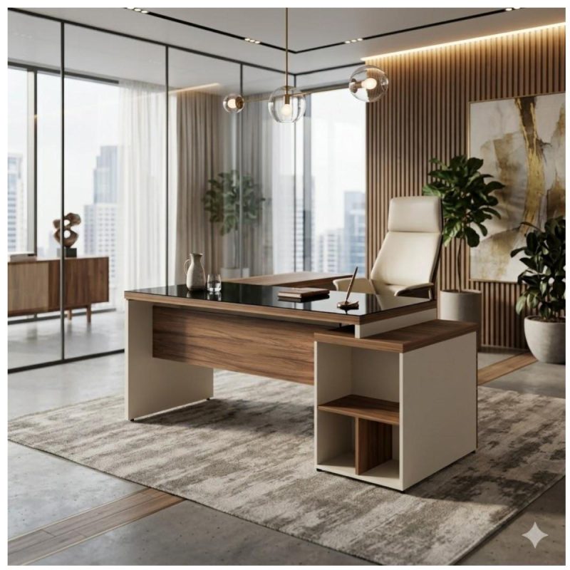 Móveis para Escritório Mesa de Escritório em L Diretor 192x160cm Tampo 40mm Vidro Fumê com Gaveteiro - Nogal Sevilha / Champanhe - 34432