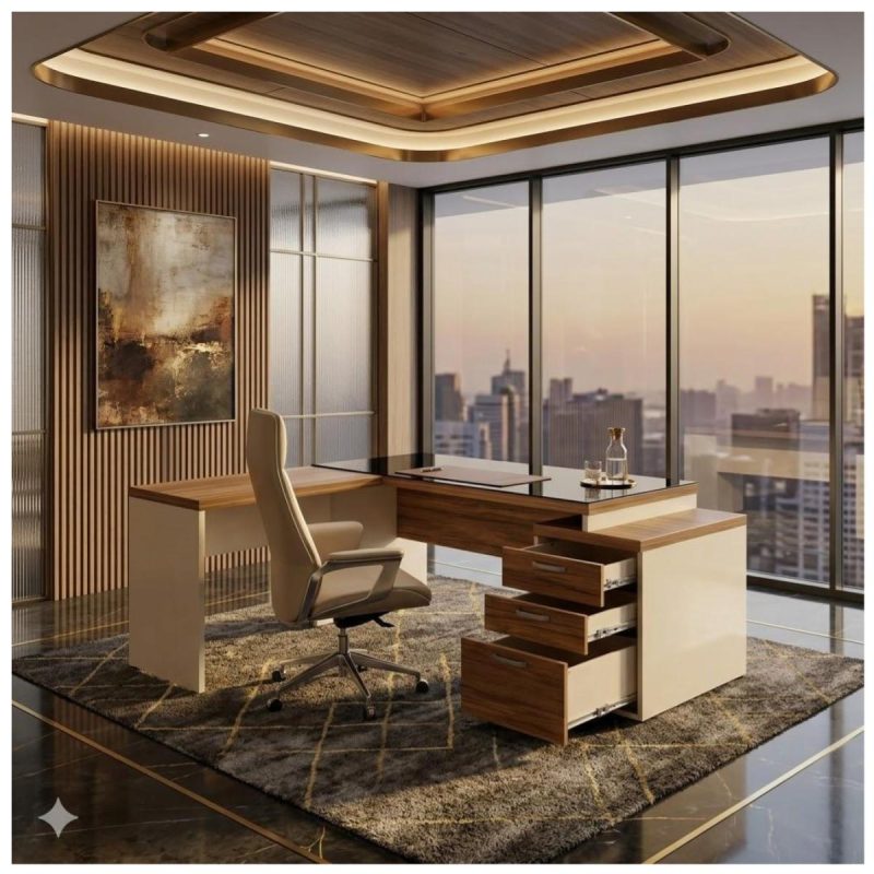 Móveis para Escritório Mesa de Escritório em L Diretor 192x160cm Tampo 40mm Vidro Fumê com Gaveteiro - Nogal Sevilha / Champanhe - 34432