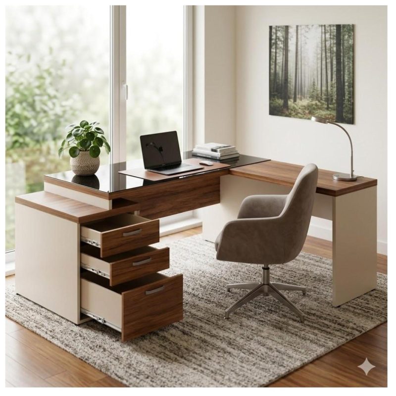 Móveis para Escritório Mesa de Escritório em L Diretor 192x160cm Tampo 40mm Vidro Fumê com Gaveteiro - Nogal Sevilha / Champanhe - 34432