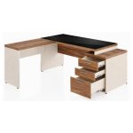 Móveis para Escritório Mesa de Escritório em L Diretor 192x160cm Tampo 40mm Vidro Fumê com Gaveteiro - Nogal Sevilha / Champanhe - 34432