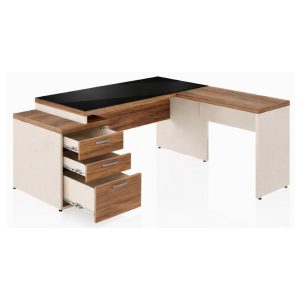 Mesa de Escritório em L Diretor 192x160cm Tampo 40mm Vidro Fumê com Gaveteiro - Nogal Sevilha / Champanhe - 34432