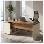 Móveis para Escritório Escrivaninha de Escritório em L Tampo 40mm com Armário Lateral Integrado - Nogal Sevilha / Champanhe - 34426