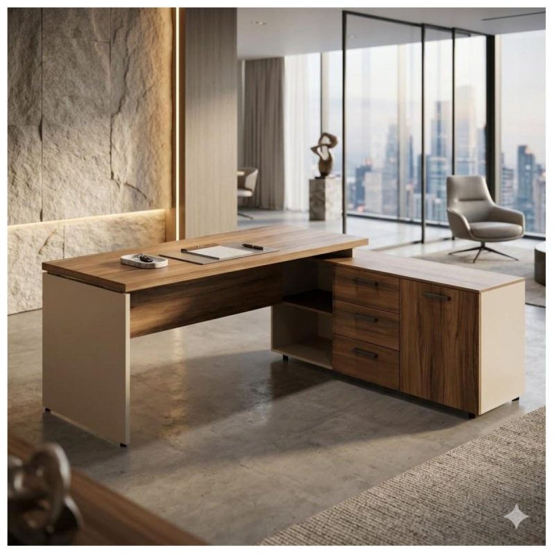 Móveis para Escritório Escrivaninha de Escritório em L Tampo 40mm com Armário Lateral Integrado - Nogal Sevilha / Champanhe - 34426