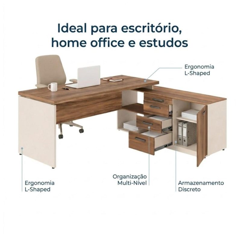 Móveis para Escritório Escrivaninha de Escritório em L Tampo 40mm com Armário Lateral Integrado - Nogal Sevilha / Champanhe - 34426