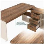 Móveis para Escritório Escrivaninha de Escritório em L Tampo 40mm com Armário Lateral Integrado - Nogal Sevilha / Champanhe - 34426