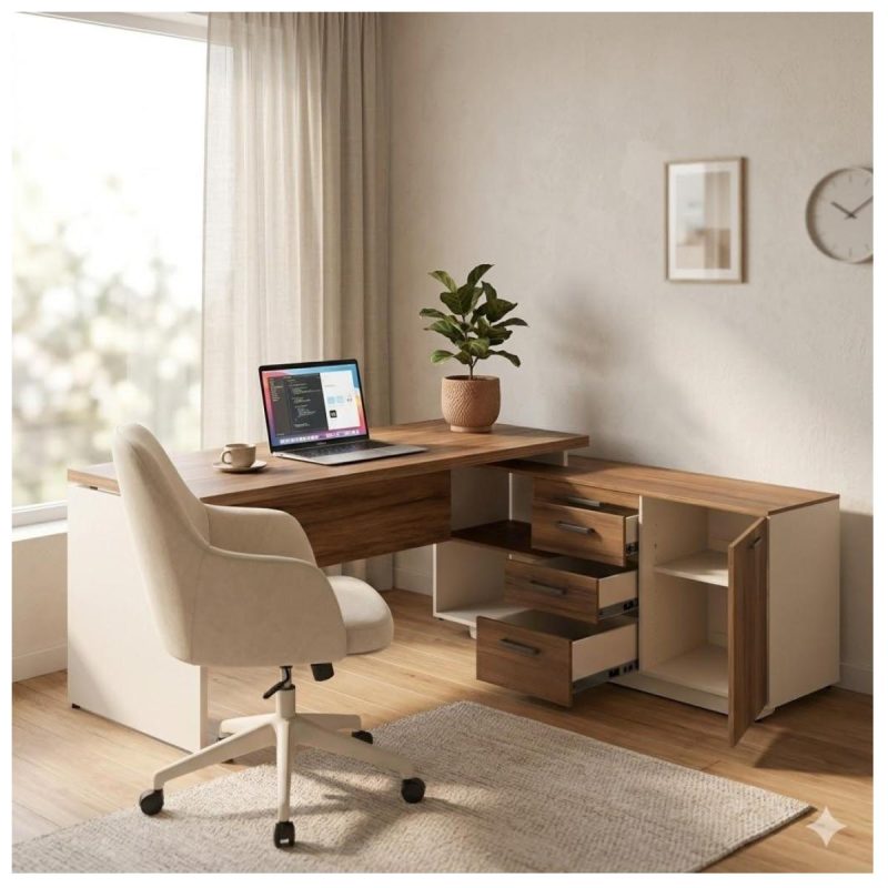 Móveis para Escritório Escrivaninha de Escritório em L Tampo 40mm com Armário Lateral Integrado - Nogal Sevilha / Champanhe - 34426