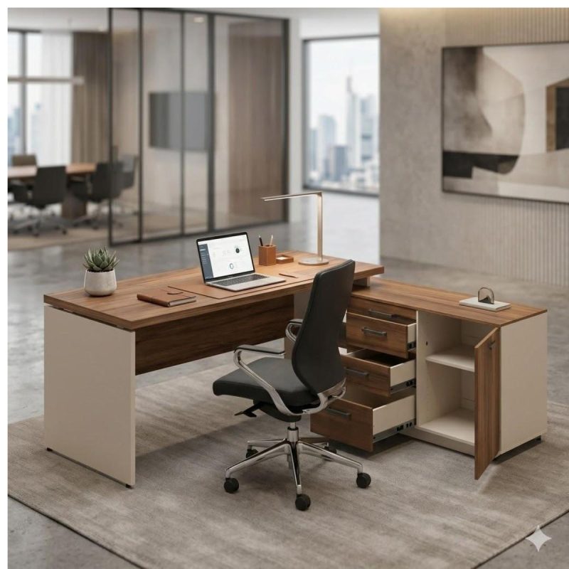 Móveis para Escritório Escrivaninha de Escritório em L Tampo 40mm com Armário Lateral Integrado - Nogal Sevilha / Champanhe - 34426