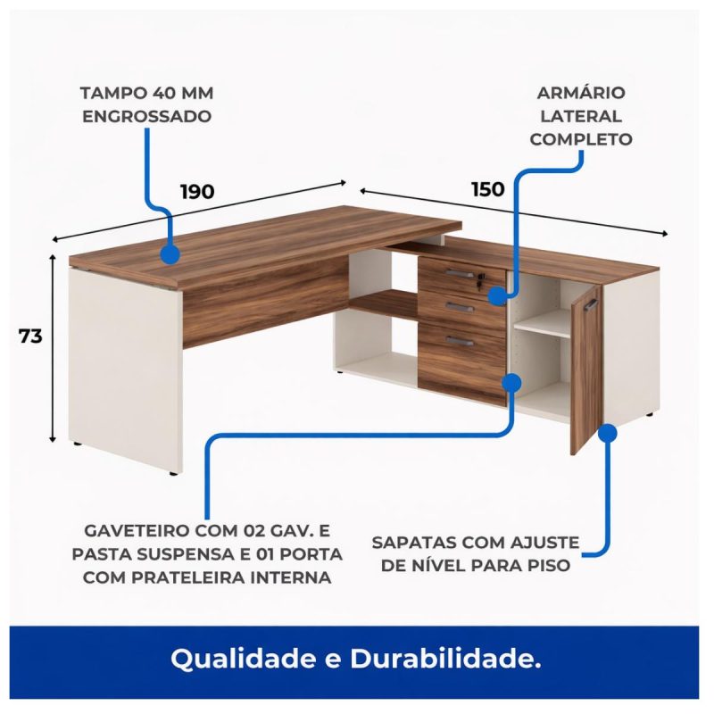 Móveis para Escritório Escrivaninha de Escritório em L Tampo 40mm com Armário Lateral Integrado - Nogal Sevilha / Champanhe - 34426