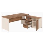 Móveis para Escritório Escrivaninha de Escritório em L Tampo 40mm com Armário Lateral Integrado - Nogal Sevilha / Champanhe - 34426