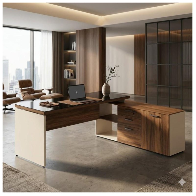Móveis para Escritório Escrivaninha de Escritório em L Tampo 40mm com Armário Lateral Integrado e Vidro 4mm Fumê - Nogal Sevilha / Champanhe