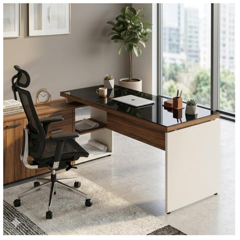 Móveis para Escritório Escrivaninha de Escritório em L Tampo 40mm com Armário Lateral Integrado e Vidro 4mm Fumê - Nogal Sevilha / Champanhe