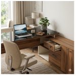 Móveis para Escritório Escrivaninha de Escritório em L Tampo 40mm com Armário Lateral Integrado e Vidro 4mm Fumê - Nogal Sevilha / Champanhe