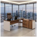 Móveis para Escritório Escrivaninha de Escritório em L Tampo 40mm com Armário Lateral Integrado e Vidro 4mm Fumê - Nogal Sevilha / Champanhe