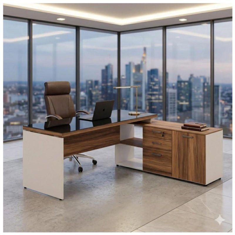 Móveis para Escritório Escrivaninha de Escritório em L Tampo 40mm com Armário Lateral Integrado e Vidro 4mm Fumê - Nogal Sevilha / Champanhe