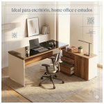 Móveis para Escritório Escrivaninha de Escritório em L Tampo 40mm com Armário Lateral Integrado e Vidro 4mm Fumê - Nogal Sevilha / Champanhe