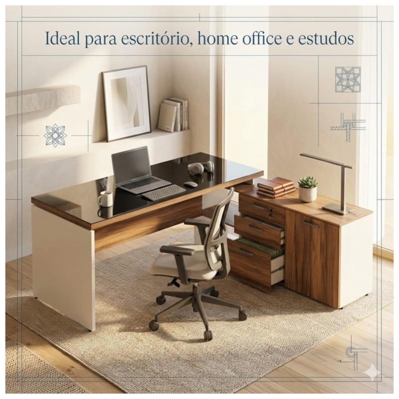Móveis para Escritório Escrivaninha de Escritório em L Tampo 40mm com Armário Lateral Integrado e Vidro 4mm Fumê - Nogal Sevilha / Champanhe
