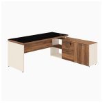 Móveis para Escritório Escrivaninha de Escritório em L Tampo 40mm com Armário Lateral Integrado e Vidro 4mm Fumê - Nogal Sevilha / Champanhe