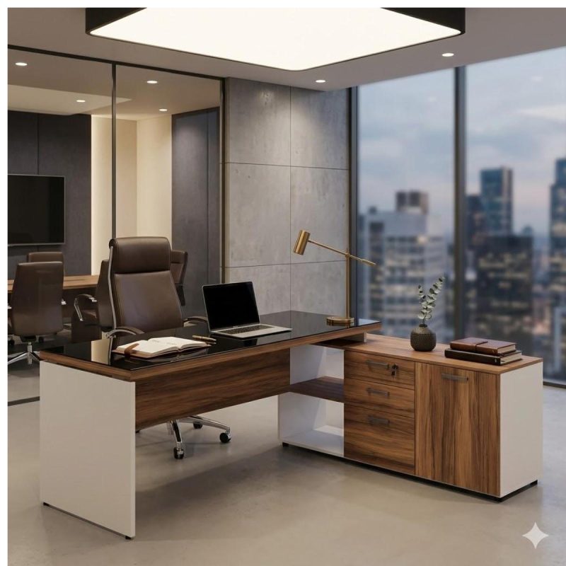 Móveis para Escritório Escrivaninha de Escritório em L Tampo 40mm com Armário Lateral Integrado e Vidro 4mm Fumê - Nogal Sevilha / Champanhe