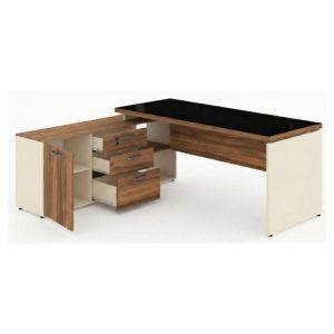 Escrivaninha de Escritório em L Tampo 40mm com Armário Lateral Integrado e Vidro 4mm Fumê - Nogal Sevilha / Champanhe