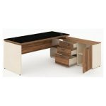 Móveis para Escritório Escrivaninha de Escritório em L Tampo 40mm com Armário Lateral Integrado e Vidro 4mm Fumê - Nogal Sevilha / Champanhe