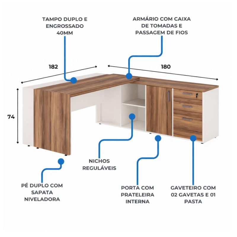 Móveis para Escritório Mesa de Escritório em L com Armário Integrado e Gaveteiro – Elegância e Performance - 34602