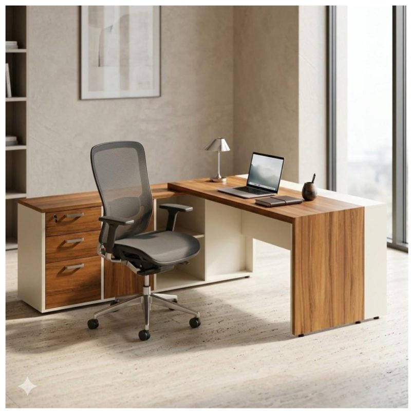 Móveis para Escritório Mesa de Escritório em L com Armário Integrado e Gaveteiro – Elegância e Performance - 34602