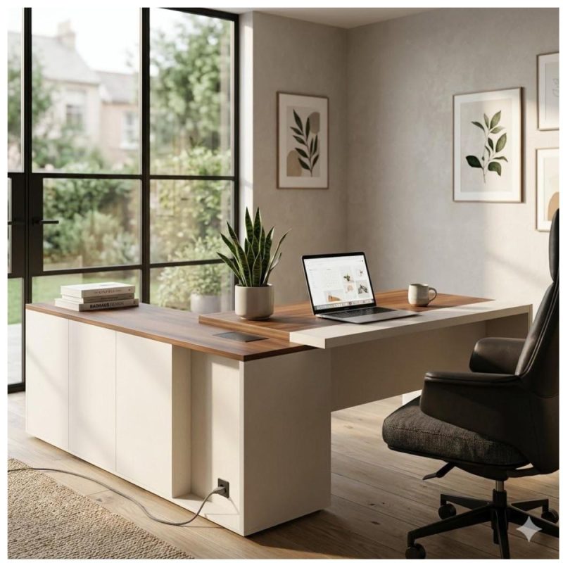 Móveis para Escritório Mesa de Escritório em L com Armário Integrado e Gaveteiro – Elegância e Performance - 34602