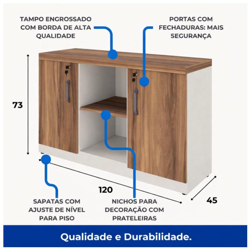 Móveis para Escritório Armário Baixo Credenza – 1,20×0,73X0,45m NOGAL SEVILHA/BRANCO - 34312