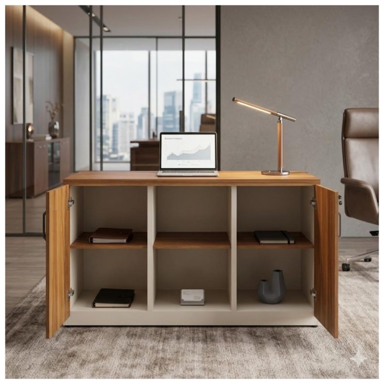 Móveis para Escritório Armário Baixo Credenza – 1,20×0,73X0,45m NOGAL SEVILHA/BRANCO - 34312