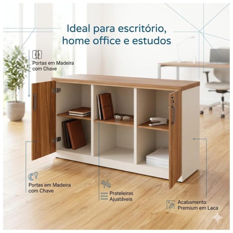 Móveis para Escritório Armário Baixo Credenza – 1,20×0,73X0,45m NOGAL SEVILHA/BRANCO - 34312