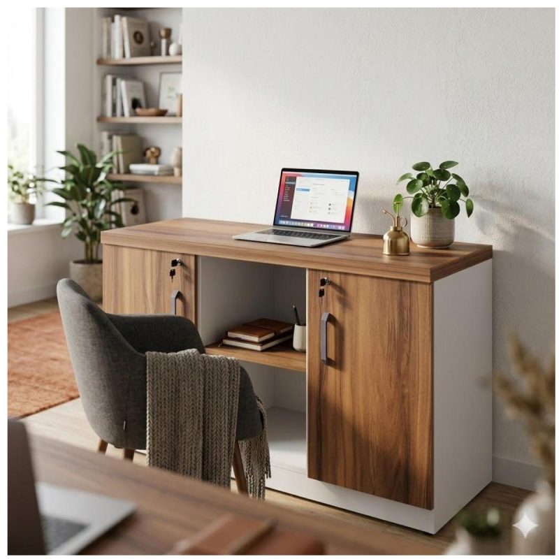 Móveis para Escritório Armário Baixo Credenza – 1,20×0,73X0,45m NOGAL SEVILHA/BRANCO - 34312