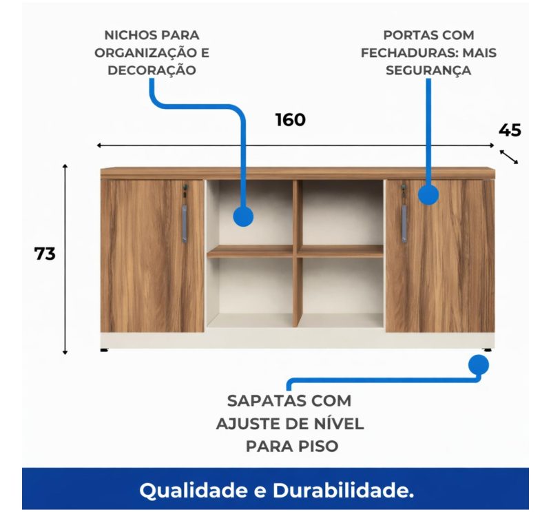 Móveis para Escritório Armário Organizador para Escritório e Home Office com Portas, Chave e Prateleiras 1,60x0,73x0,45m - 34502