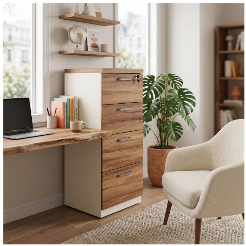 Móveis para Escritório Arquivo para Escritório 4 Gavetas com Chave e Suporte para Pasta Suspensa - Gaveteiro Organizador 127x46cm - 34314