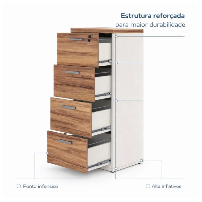 Móveis para Escritório Arquivo para Escritório 4 Gavetas com Chave e Suporte para Pasta Suspensa - Gaveteiro Organizador 127x46cm - 34314