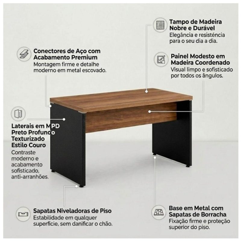 Móveis para Escritório Mesa para Computador 120cm Robusta Tampo 40mm - Escrivaninha de Trabalho e Estudo - Sevilha / Preto - 21469